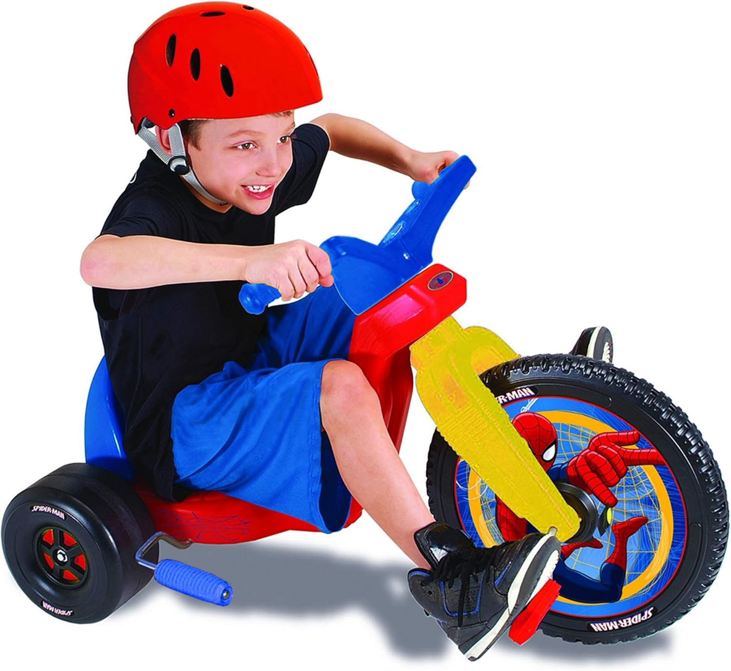 Xe đua Big Wheel 16" Spiderman Ride On Spin-Out Racer nguyên bản có phanh tay - Phuộc màu vàng