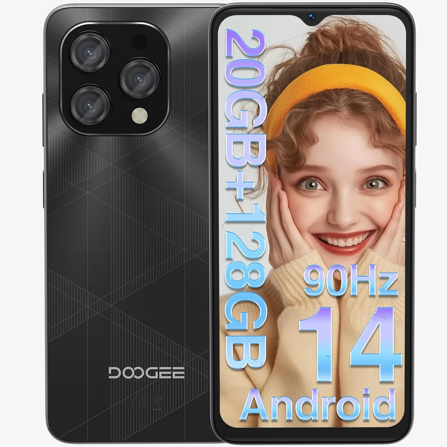 DOOGEE N55PLUS Unlocked Phone Android 14, 20GB RAM+128GB ROM/1TB Cell Phone, 90Hz 6.56" HD+ Smartphone, 5150mAh, Dual SIM 4G/Octa-Core 12nm/Widevine L1/ Face Unlock/OTG/ATT/T-Mobile, Black