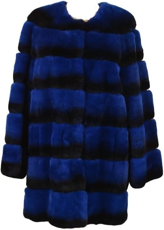 Woman Night Blue Black Stripped Real Fur Coat
