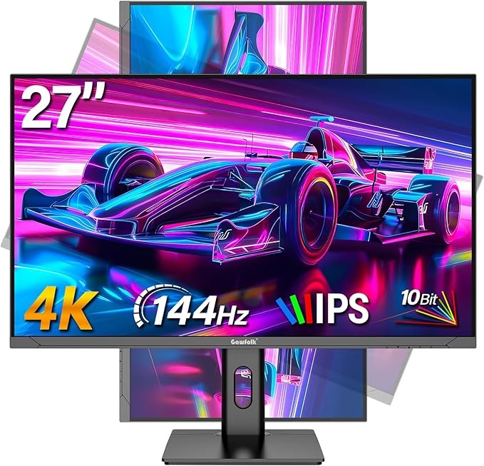 Màn hình chơi game 27 inch Màn hình 4K 144Hz UHD 3840 x 2160 Màn hình máy tính, Màn hình dọc có thể điều chỉnh chiều cao/xoay/xoay/nghiêng, hỗ trợ FreeSync, DP,HDMI, Giá treo tường (75mmX75mm)