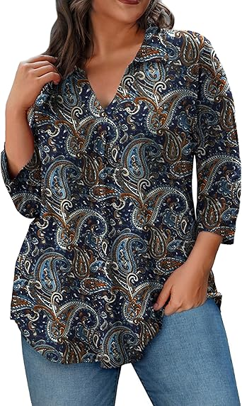 REDHOTYPE Womens Plus size Tops 3/4 Sleeve Shirts Collared V Neck Blouses Casual Work Tunic Tops