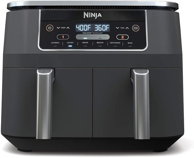 Ninja DZ201 Foodi 8 Quart Nồi chiên không khí 2 giỏ 6 trong 1 DualZone với 2 giỏ chiên độc lập, nấu theo kiểu & hoàn thiện thông minh để nướng, nướng, khử nước, v.v. cho những bữa ăn nhanh chóng, dễ d