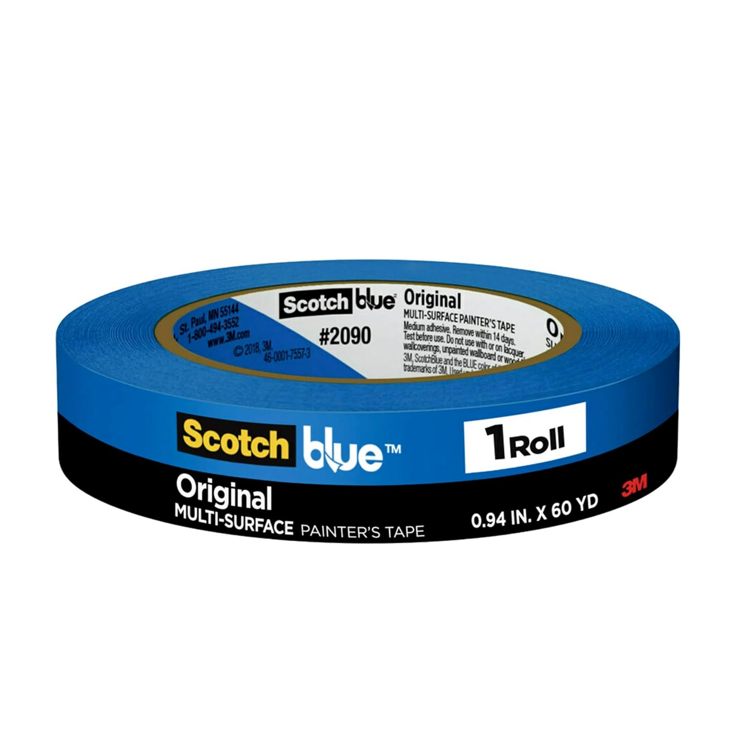 Băng keo sơn đa bề mặt ScotchBlue Original, rộng 1 inch (0,94 in. x 60 yard), 1 cuộn, Băng keo sơn màu xanh bảo vệ bề mặt và dễ dàng tháo ra, Băng keo che phủ sử dụng trong nhà và ngoài trời
