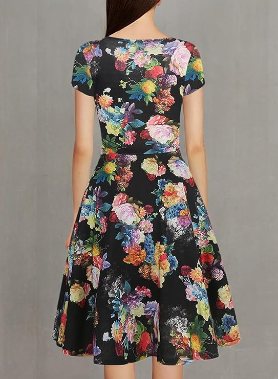 Đầm dự tiệc cocktail cổ chữ V tay lửng họa tiết hoa giản dị dành cho nữ