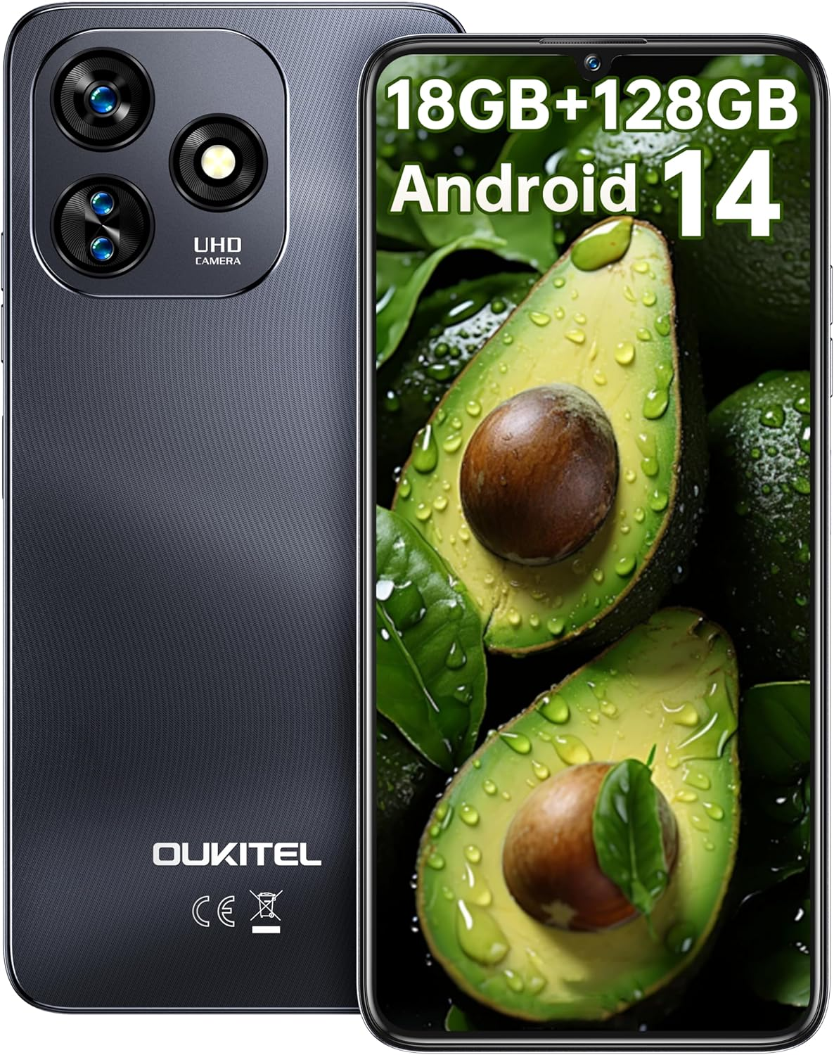 OUKITEL C51 Android 14 Smartphone - 6.8" HD+ Screen Unlocked Cell Phones, 18GB+128GB/SD 1TB, 5150mAh Battery Mobile Phones, 13MP Camera, Three Slots, Face ID/Fingerprint, GPS, BT5.0,T-Mobile, Black