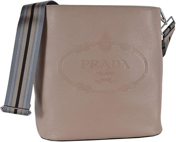 Prada Beige Logo Web Stripe Strap Pebbled Leather Crossbody Shopping Tote Bag