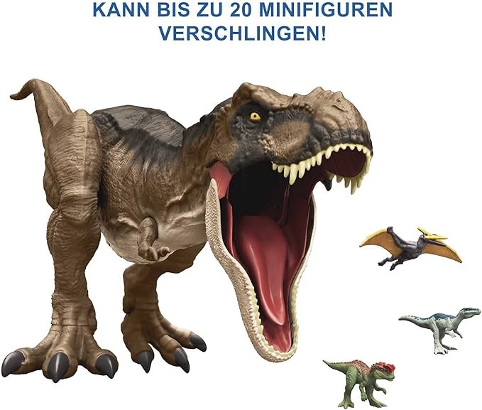Nhân vật hành động khủng long siêu khổng lồ Mattel Jurassic World, Đồ chơi khủng long Tyrannosaurus Rex lớn với tính năng ăn uống, T Rex dài hơn 3 feet