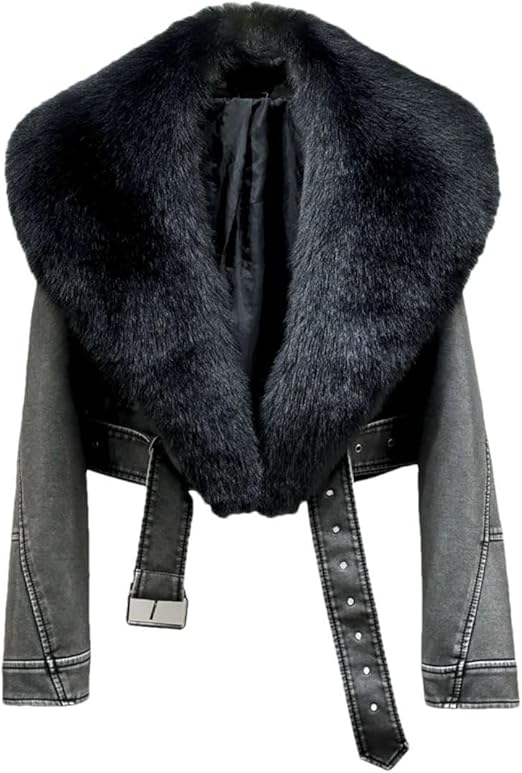 Women Winter Faux Fur Collar PU Leather Jacket Casual Warm Large Lapel Pockets Short Lamb Wool Slim Leather Coat