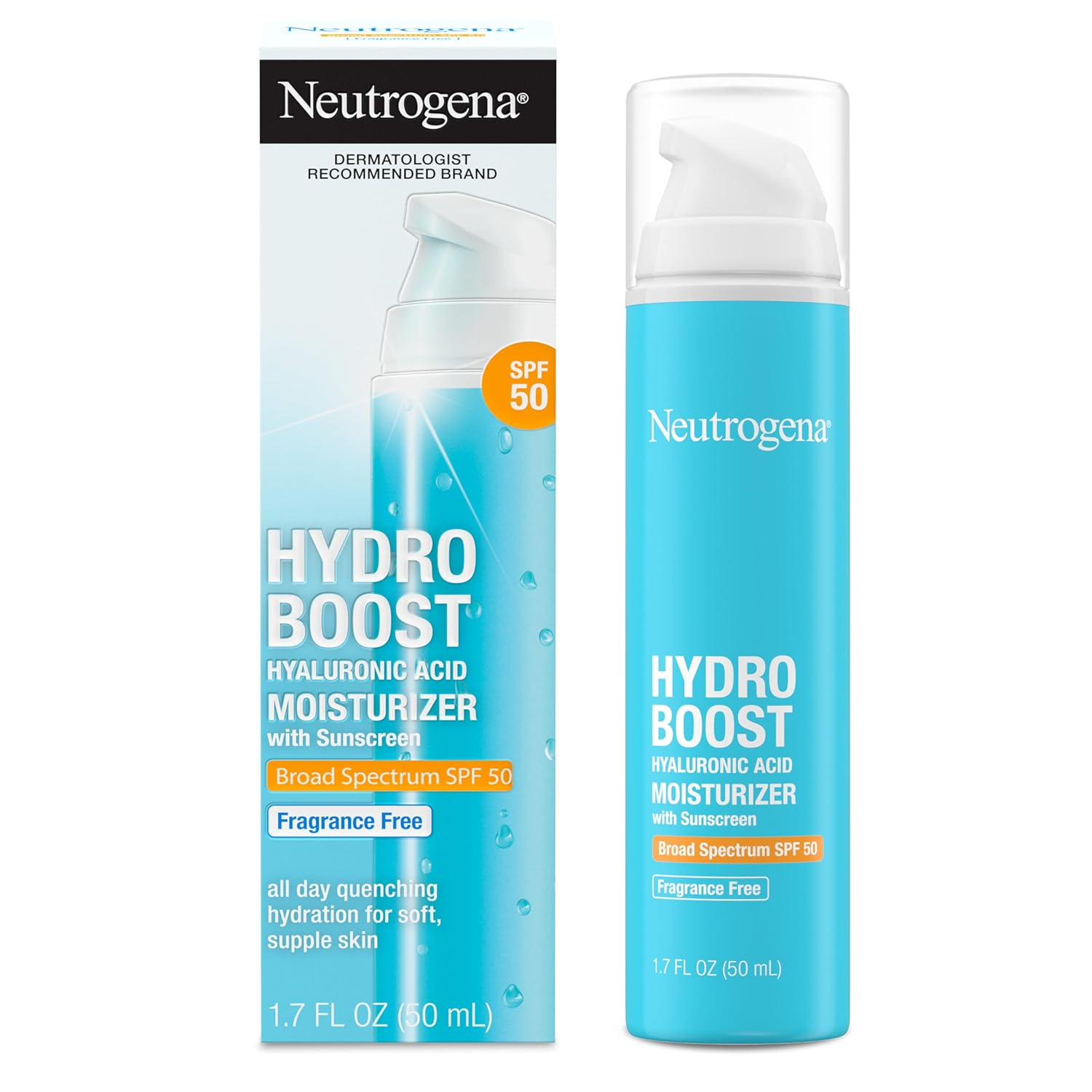 Kem dưỡng ẩm cho mặt Neutrogena Hydro Boost Hyaluronic Acid có chống nắng, phổ rộng SPF 50, kem dưỡng ẩm không mùi giúp cấp nước và làm dịu da khô, 1,7 fl. oz