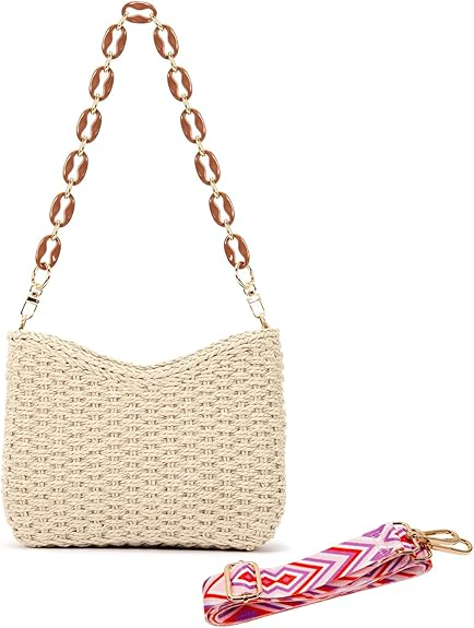 Visit the COOLOGIN Store Straw Tote Bag Straw Crossbody Bag for Women,Summer Chic Beach Bag Crochet Beach Bag Woven Handbag Straw Purse with Chain