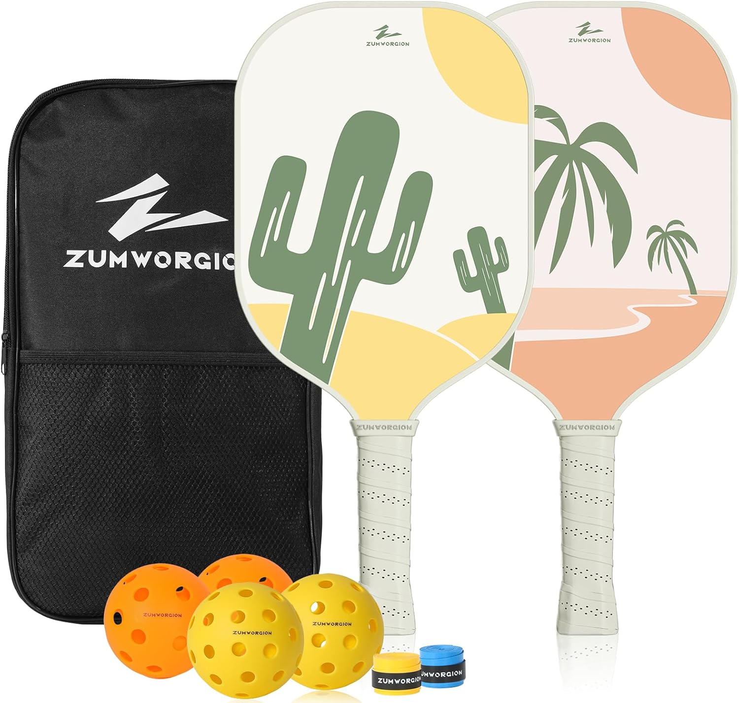 Bộ vợt bóng chày ZUMWORGION® Pickleball gồm 2 cây: Vợt sợi thủy tinh cho người mới bắt đầu có bóng - Lõi tổ ong 8mm | Trọng lượng nhẹ 7oz - Quà tặng dành cho cặp đôi chơi bóng chày dành cho phụ nữ