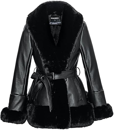 GRAN ORIENTE Women's Faux Leather Jacket with Faux Fur Collar, Winter Long Sleeve Furry Trim Peplum Parka Coat with Belt