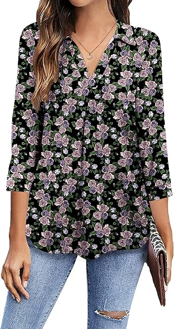 Newchoice Womens Collared V Neck 3/4 Sleeve Shirts Business Casual Tops Loose Work Blouses (S-3XL)