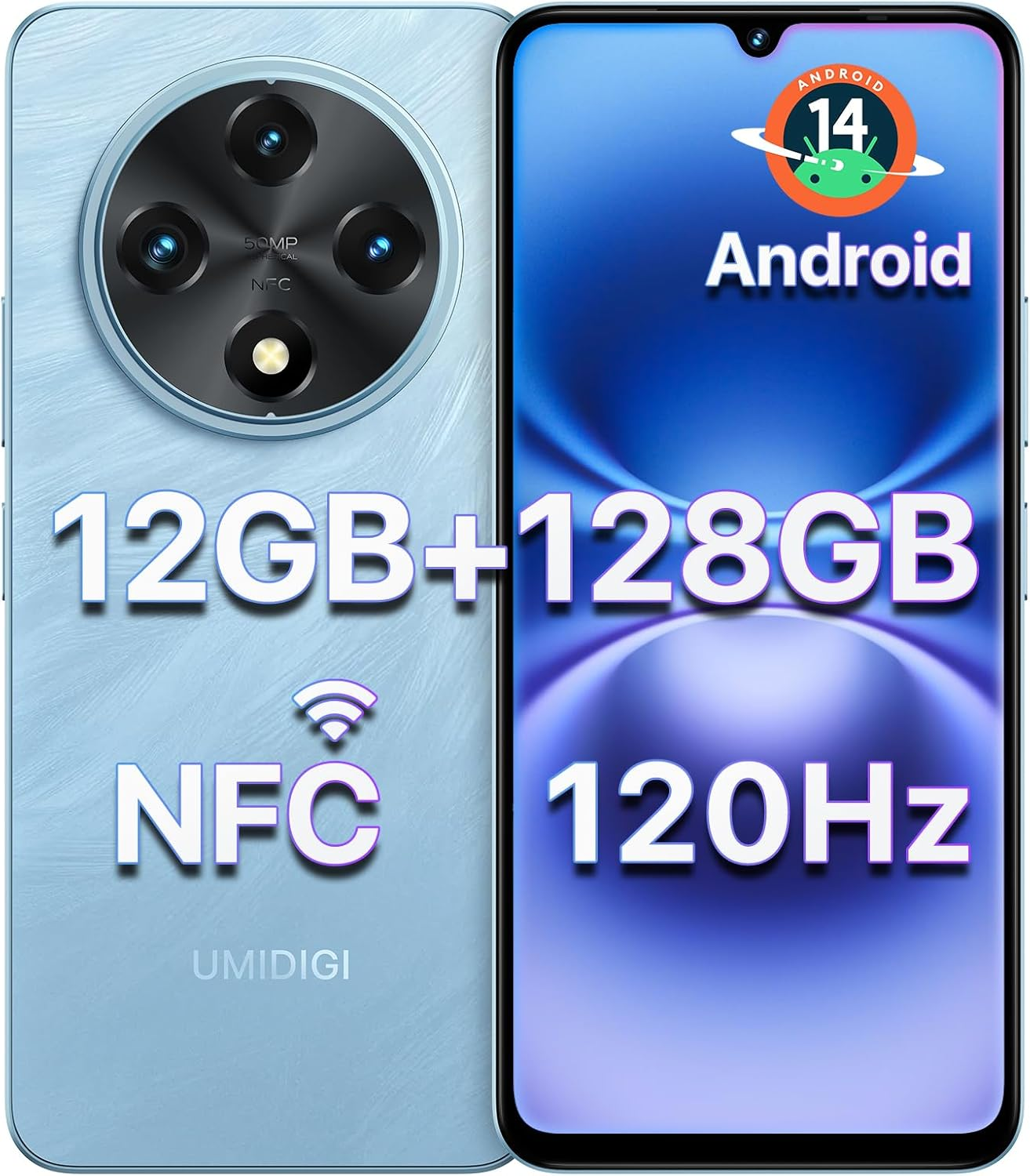 UMIDIGI G100 Unlocked Cell Phone Android 14, 6.9" HD+ 120Hz,Octa-core 12GB +128GB Expand 1TB,GPS Unlocked Smartphone,6000mAh,50MP Triple Camera,Dual 4G LTE Phone, NFC,AI Face Unlock,OTG,Blue