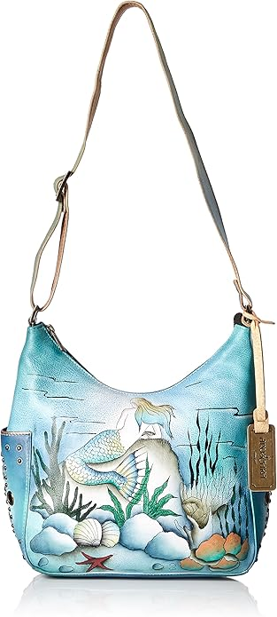 Túi đeo vai bằng da thật Anuschka dành cho nữ | Tác phẩm nghệ thuật gốc vẽ tay | Túi Hobo cổ điển có túi bên đính đinh tán