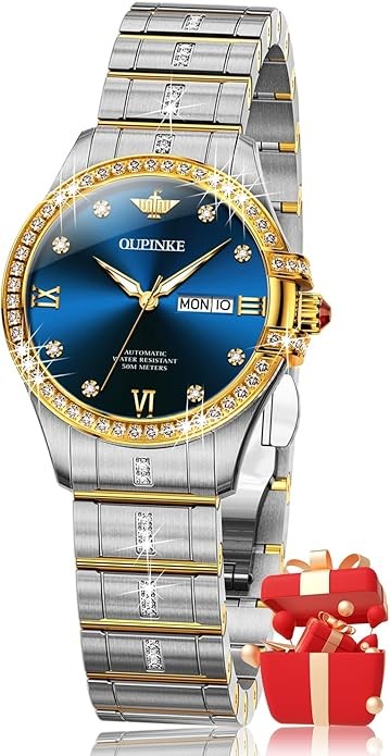 OUPINKE Nữ Đồng Hồ Tự Động Cơ Kim Cương Đầm Sang Trọng Tự Lên Dây Thép Không Gỉ Chống Thấm Nước Dạ Quang Đồng Hồ Đeo Tay Nữ Tặng