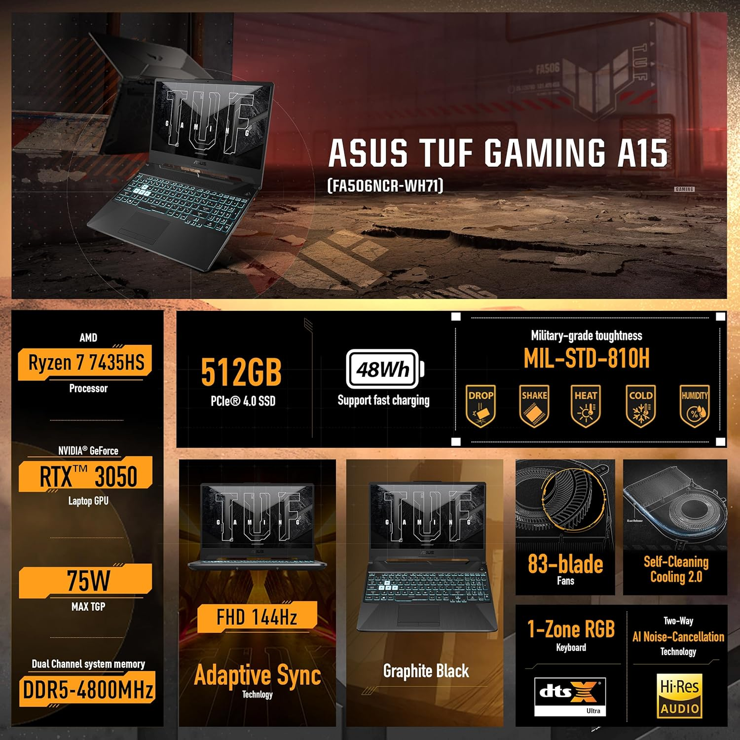 ASUS TUF A15 Gaming Laptop: 15.6” Full HD 144Hz Display, GeForce RTX 3050, AMD Ryzen 7 7435HS, 8GB DDR5 RAM, 512GB PCIe SSD, Wi-Fi 6, Windows 11
