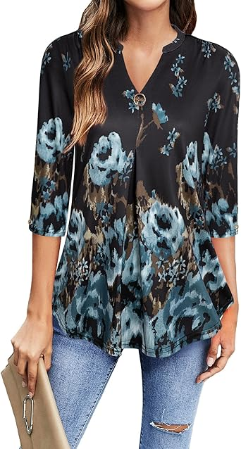 VALOLIA Womens Tops 3/4 Sleeve Shirts V Neck Blouses Dressy Casual Tunic Tops M-XXL