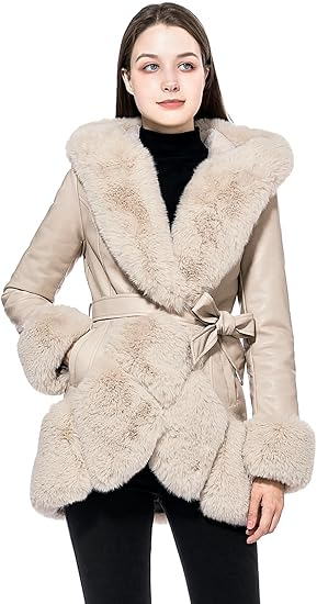 GRAN ORIENTE Women's Faux Leather Coat with Faux Fur Collar,Winter Warm Belted Mid Length Trim Jacket Fur Lined with Hood