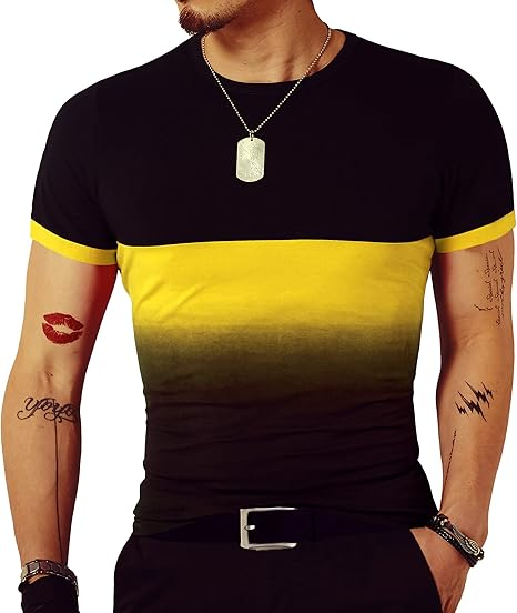LOGEEYAR Mens Slim Fit T-Shirt Contrast Color Tee Gradient Stitching Short-Sleeve Cotton Tops