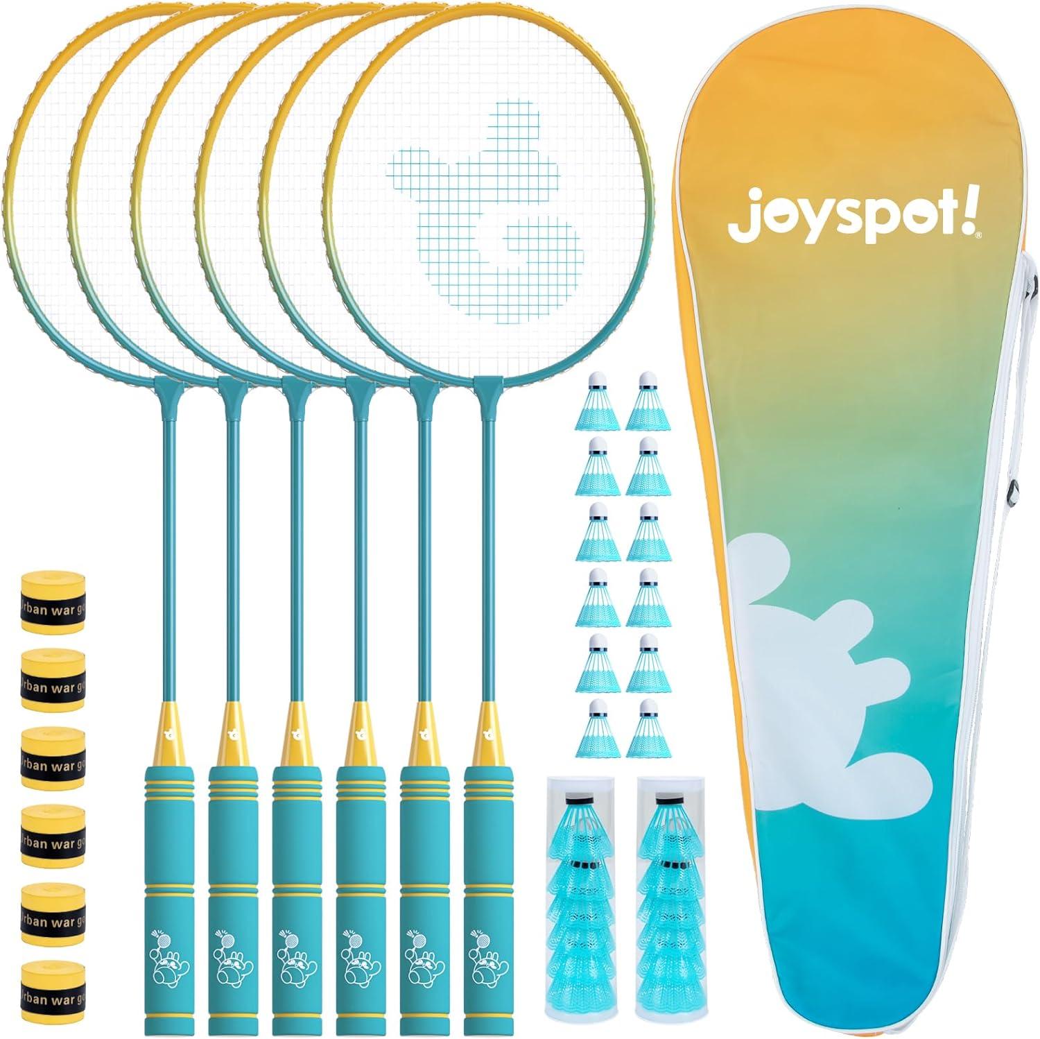 Badminton Rackets Set of 6 for Outdoor Backyard Games,Including 6 Rackets, 12 Nylon Shuttlecocks, 6 Replacement Grip Tapes and 1 Carrying Bag, Lightweight Badminton Racquets for Kids Adults Beginners