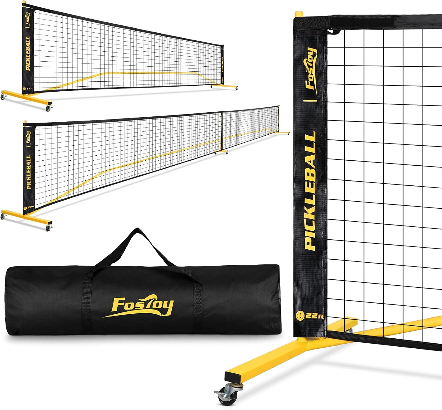 Bộ lưới Pickleball di động có bánh xe, kích thước tiêu chuẩn 22 FT & nửa sân 11 FT, hệ thống lưới Pickle Ball khung kim loại chắc chắn có túi đựng cho sân sau, đường lái xe và nhà để xe