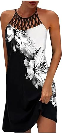 Summer Dresses for Women 2024 Casual Floral Hollow Out Halter Neck A-line Sundresses for Beach Vacation