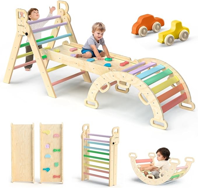 Bộ tam giác BlueWood Pikler 7in1 Đồ chơi leo núi bằng gỗ cho bé có thể gập lại với Vòm & Đường dốc & Thang Leo núi trong nhà Phòng tập thể dục trong rừng dành cho trẻ mới biết đi - Rainbow