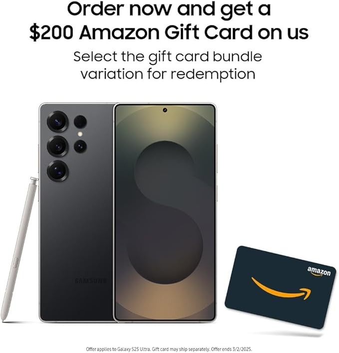 Điện thoại SAMSUNG Galaxy S25 Ultra + Thẻ quà tặng Amazon $200, 512GB, Điện thoại thông minh AI, Android đã mở khóa, Camera AI 200MP, S Pen, Bộ xử lý nhanh, Tuổi thọ pin dài, 2025, Màu đen titan